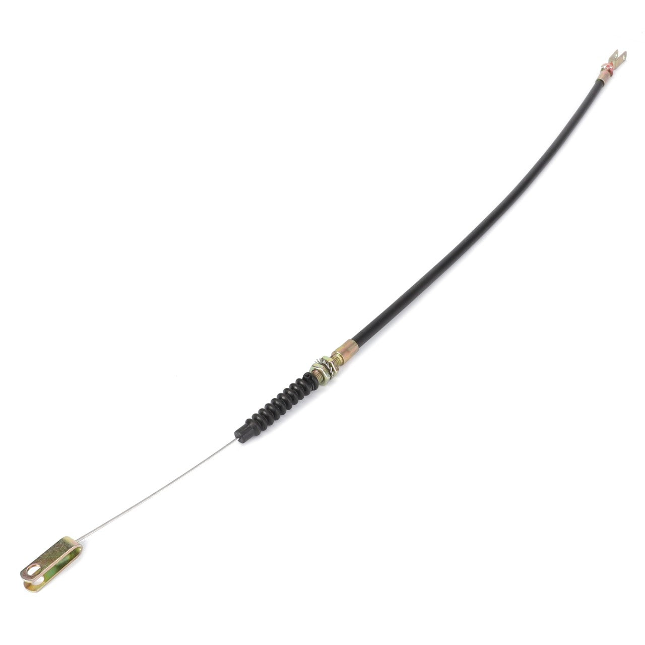 AGCO Throttle Cable - 4273609M1, a black automotive cable with metal attachments on each end, designed for mechanical control or linkage applications in Fendt models.