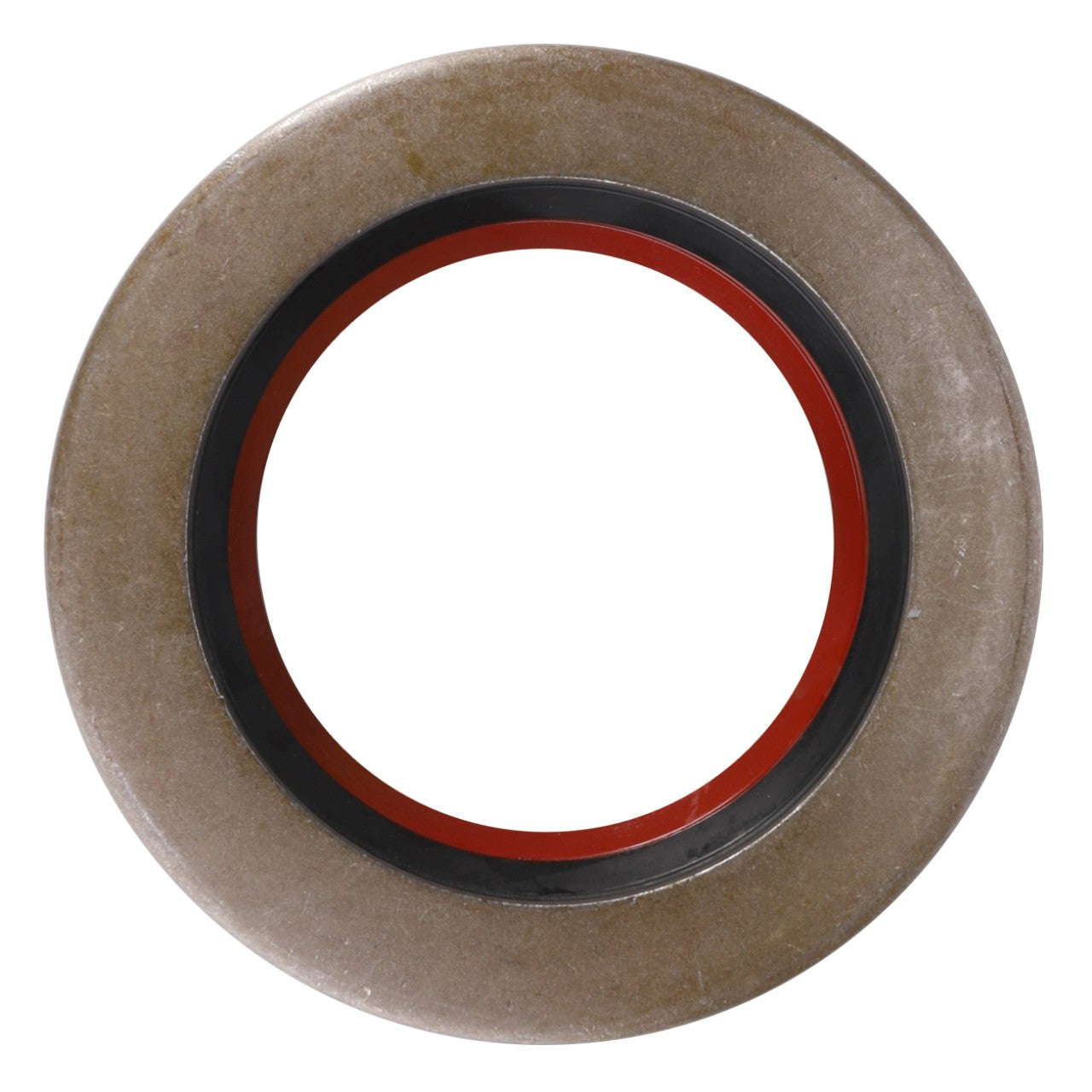 A circular mechanical seal, featuring a brown outer ring, black middle ring, and red inner ring, suitable for Massey Ferguson models with the product name AGCO | Seal, Rear Axle - 894782M2 by the brand AGCO.