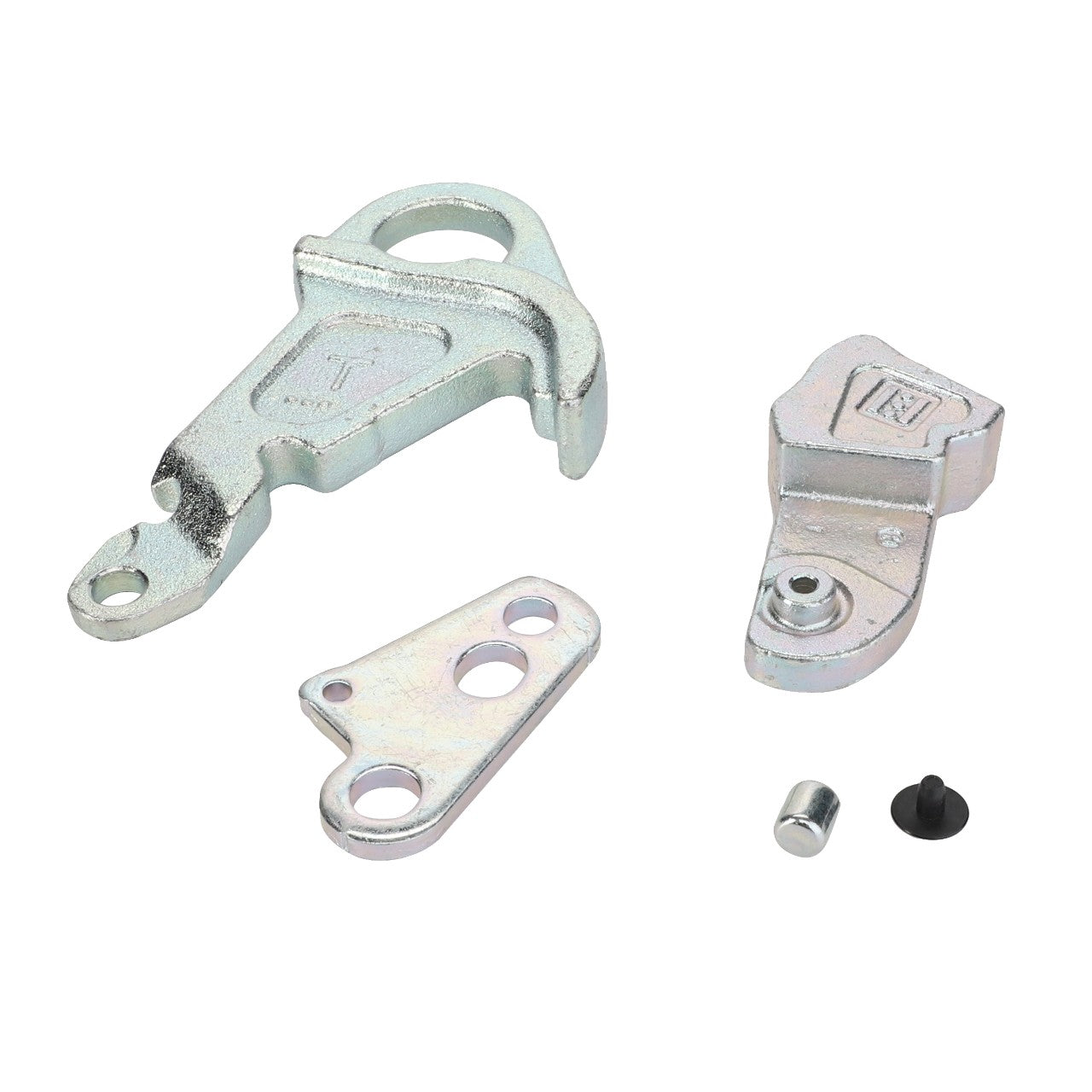 Three metal components with varying shapes and attachments, likely parts of a mechanical assembly or device, reminiscent of the AGCO Lever Kit - 3907068M91 used in Valtra Models.