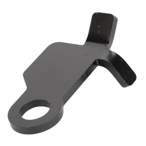 The AGCO | Latch - Acw040588A from AGCO is a sturdy black metal bracket featuring a rectangular base, two protruding tabs on one end, and a small looped hole on the opposite side.