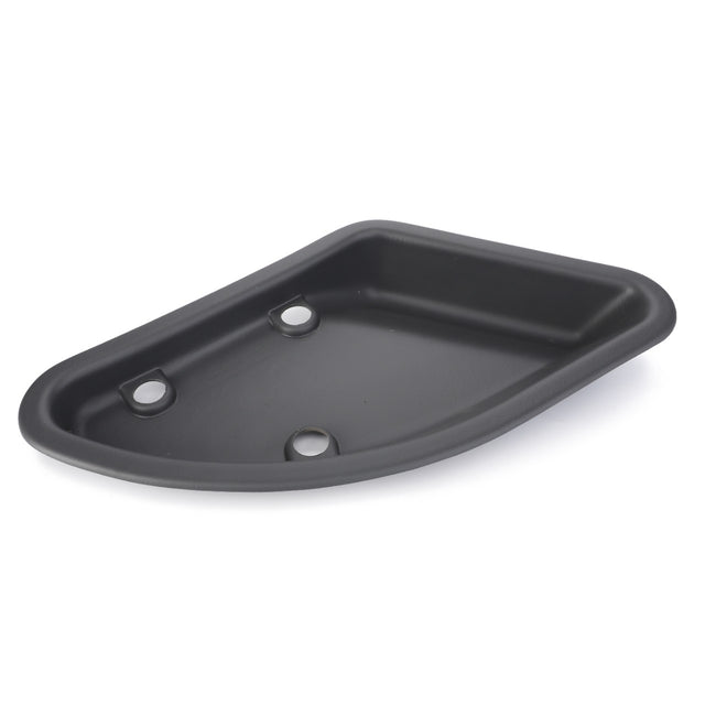 A black plastic automotive bumper guard, named AGCO | Pocket, Cladding, Right Side - 3712410M1, featuring three circular mounting holes and compatible with Valtra, Fendt, and Massey Ferguson models.