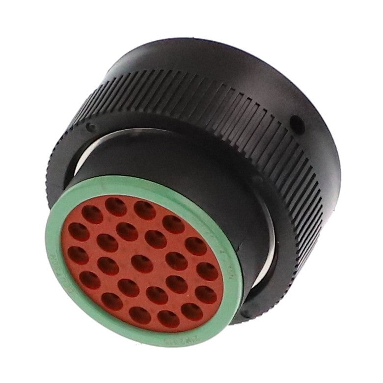 The AGCO | CONNECTOR - AG520809 by AGCO is a circular multi-pin electrical connector characterized by a black casing, green ring, and red face that features multiple holes for pins. No current product description information available.