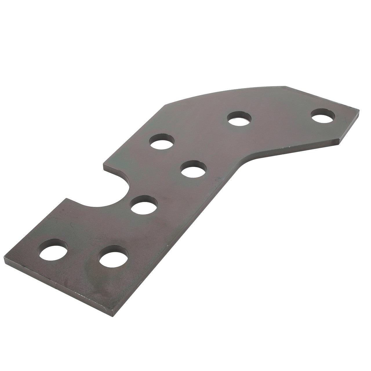 Introducing the AGCO | SPACER - D28181875: A metal bracket featuring six holes of varying sizes, ideal for structural support or assembly. The bracket exhibits an unfinished or matte finish. Currently, there is no additional product description information available.