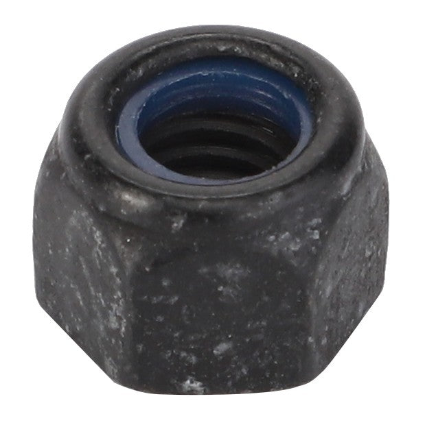 Close-up image of the AGCO | Hex Locknut - Acw1044180 with visible inner blue nylon ring, commonly used in machinery like Massey Ferguson and Valtra models.