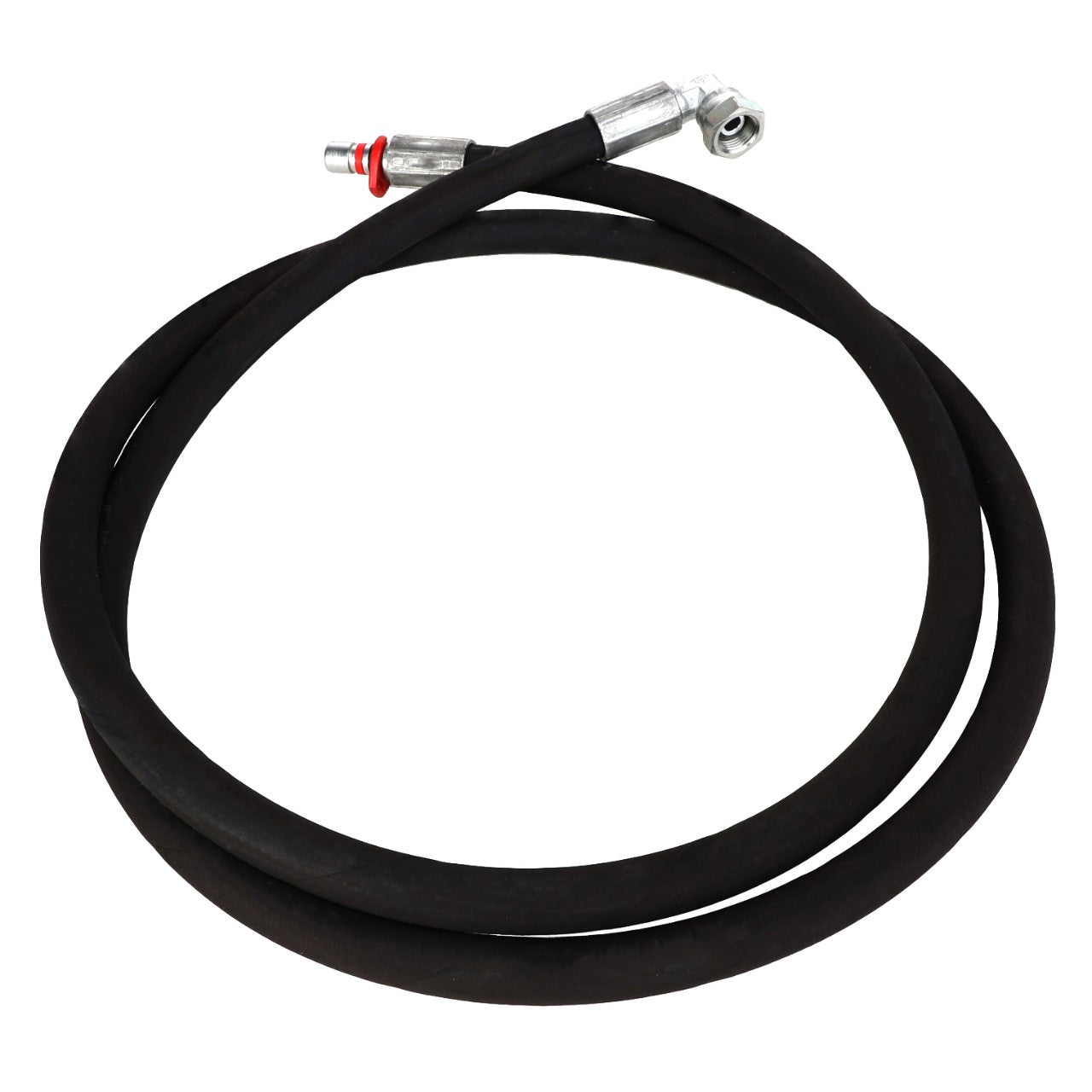 A coiled black rubber hose with metal connectors on both ends—one straight and the other bent at a 90-degree angle, product name AGCO | HOSE - AL9032534 by AGCO.