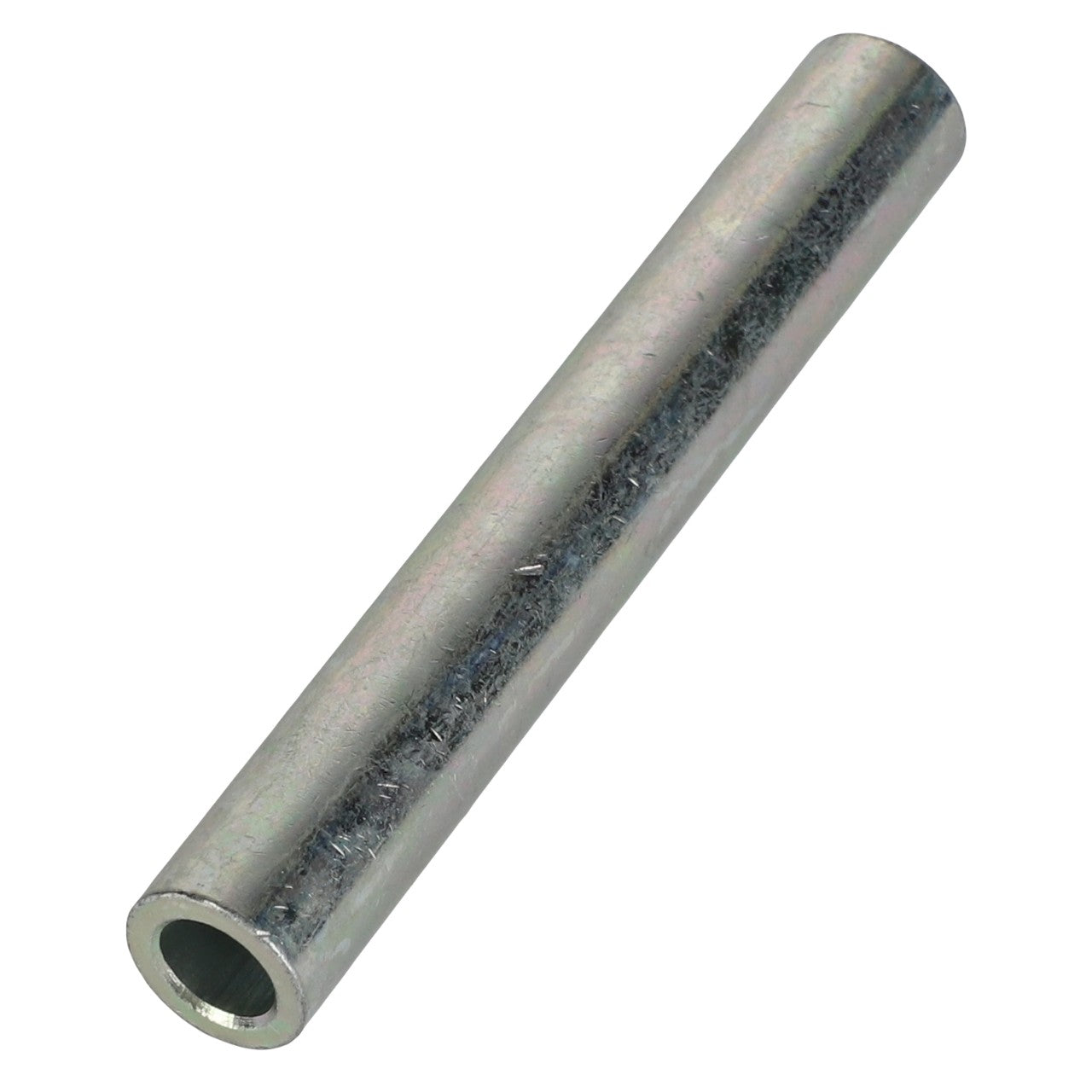 A close-up view of the AGCO Strut Bushing - Acw7591620, a metallic cylindrical tube that is hollow and slightly reflective, lying horizontally on a white background.