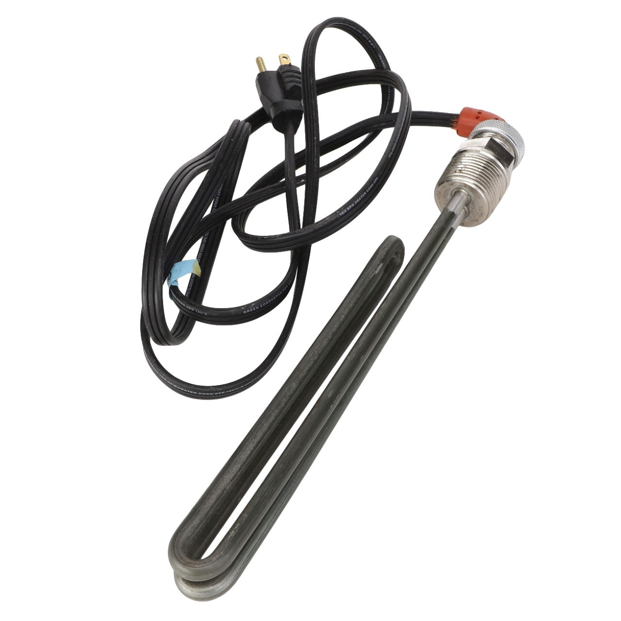 The AGCO | HEATER ELEMENT - AG516461 features a metal heating element with a black power cord and plug. The U-shaped heating element is securely attached to a sturdy metal fitting, ensuring reliable performance.