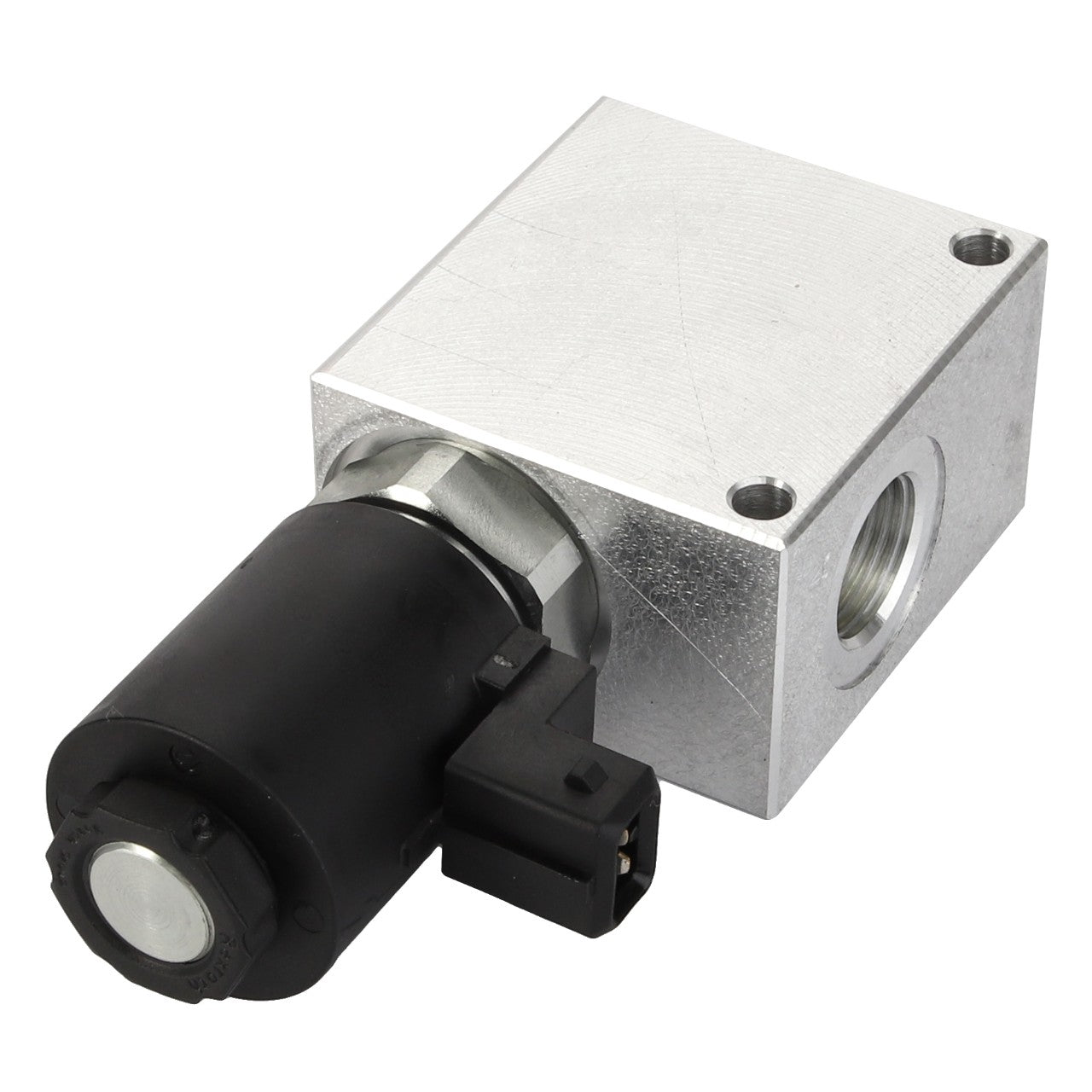 The AGCO Hydraulic Valve - Acw7604690 is a metallic solenoid valve featuring an integrated electrical connector, angled to showcase its square metal body and cylindrical black actuator.