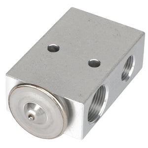 The AGCO | EXPANSION VALVE - AG718801 is a metallic hydraulic valve block featuring three threaded ports and a central round element. No current product description information is available.