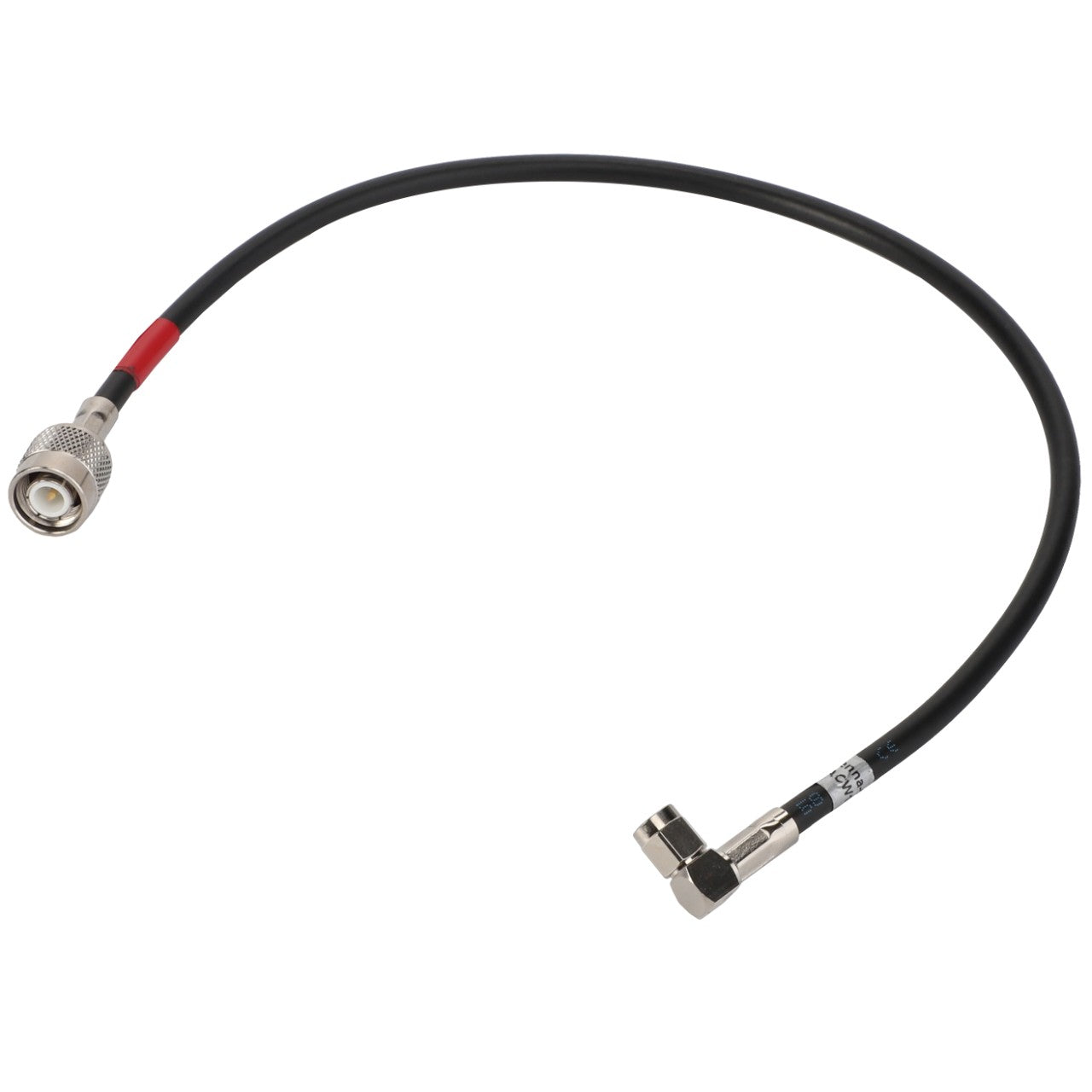 The AGCO Cable - Acw1091270, a black coaxial cable from the AGCO brand, features a right-angle connector on one end and a straight connector on the other, designed for seamless connections.