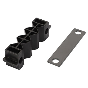 Two AGCO black plastic cable clips and an AGCO rectangular metal bracket with two holes, known as the Half Clamp - Acx3303670, are displayed on a white background. No current product description information is available.