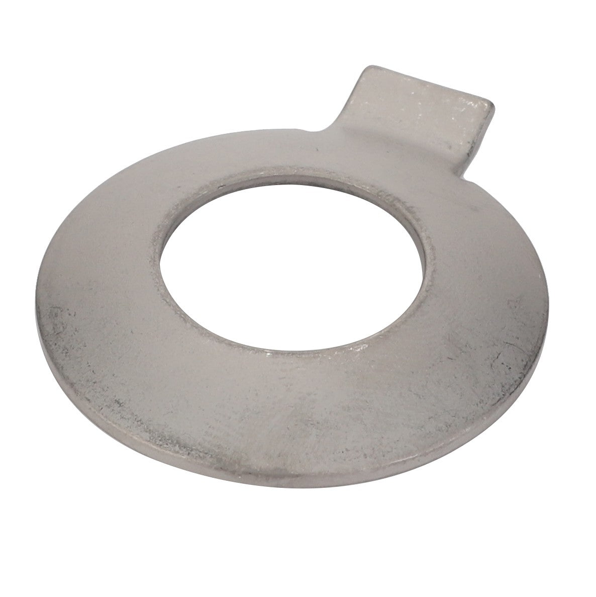 We currently do not have a description for the AGCO Thrust Washer - F198300020130 by AGCO, which is a flat, circular metal washer with a tab extension on one side and a central hole.