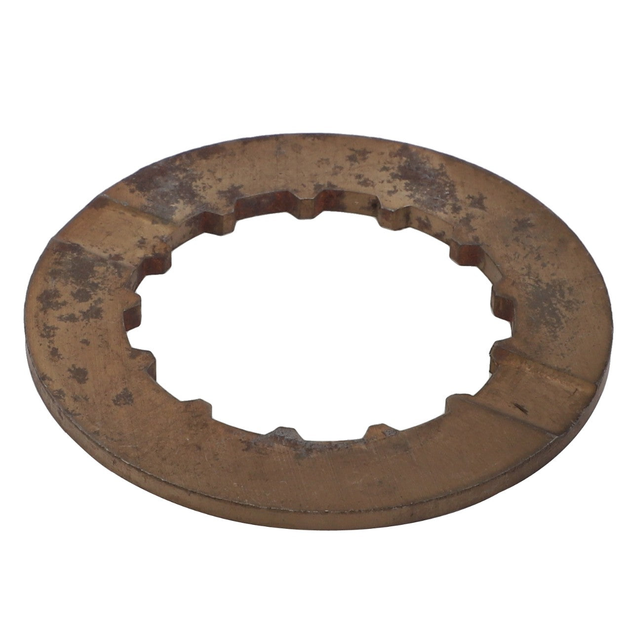 A weathered, flat, circular metal plate with a jagged inner hole, possibly a gear or mechanical part; contact our support team for more details about the AGCO | SHIM - 0.010.0630.0 from AGCO.