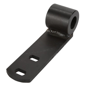 The AGCO | BRACKET - AL10358570 by AGCO is a black metal bracket featuring two rectangular holes on one end and a cylindrical piece with a hole at the other. The bracket also has a flat surface. No current product description information is available.