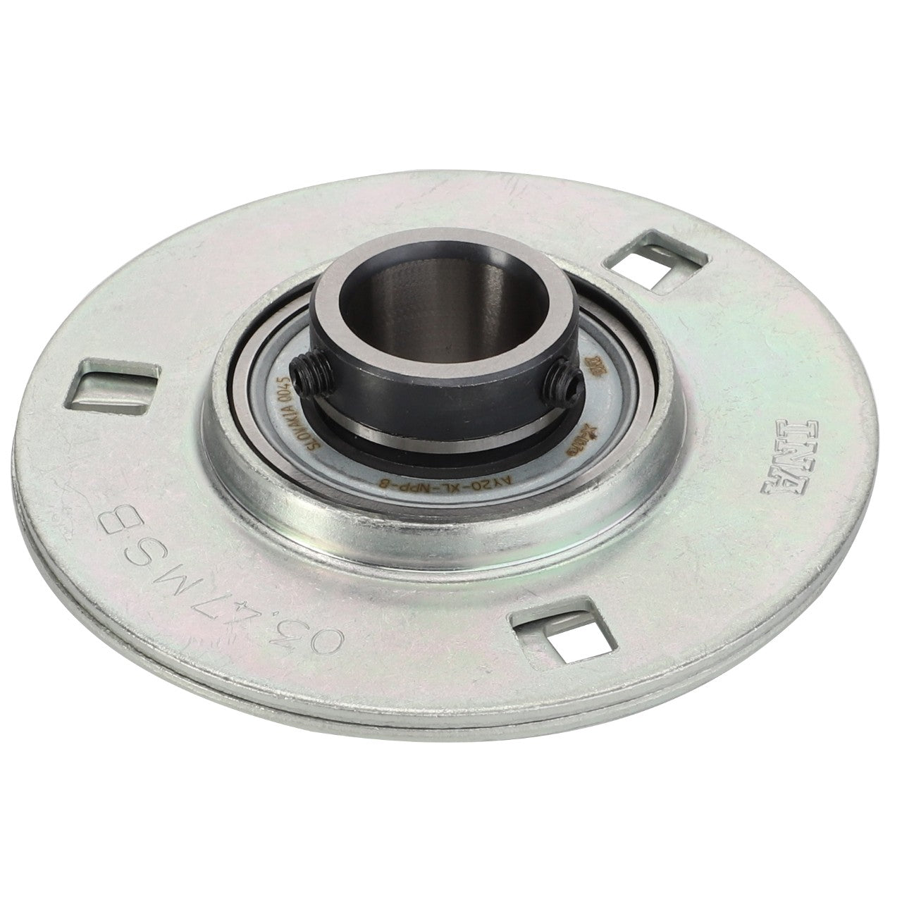 Introducing the AGCO | BEARING - D41713601: A circular metal bearing assembly featuring various engravings and a central cylindrical component, specifically designed to facilitate rotational movement.