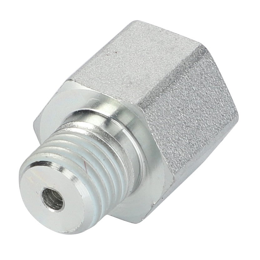 A close-up of the AGCO | Adapter - 3791424M3, featuring a metallic threaded connector with a hexagonal body and cylindrical end, perfect for use in Massey Ferguson models and Fendt models, whether you are working with 2WD or 4WD configurations.