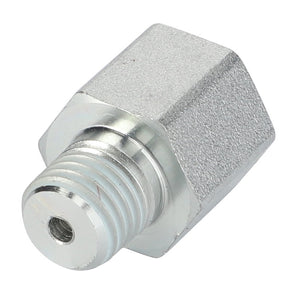 A close-up of the AGCO | Adapter - 3791424M3, featuring a metallic threaded connector with a hexagonal body and cylindrical end, perfect for use in Massey Ferguson models and Fendt models, whether you are working with 2WD or 4WD configurations.