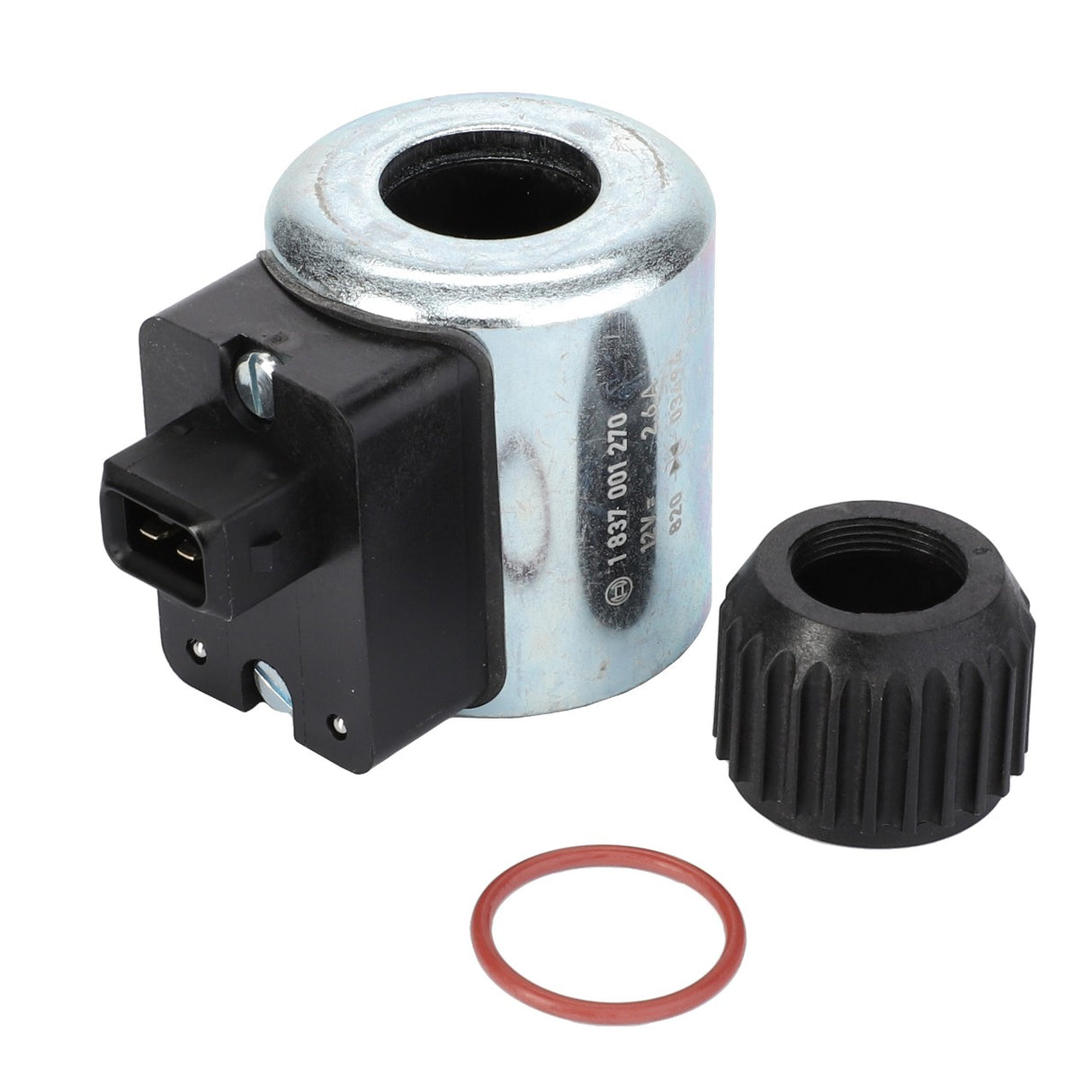 The AGCO | Magnet Coil - F916961020210, designed with both metal and plastic materials and featuring an integrated electrical connector, meets OE quality standards. Nearby, a black plastic cap and a red rubber O-ring essential for AGCO equipment are included.