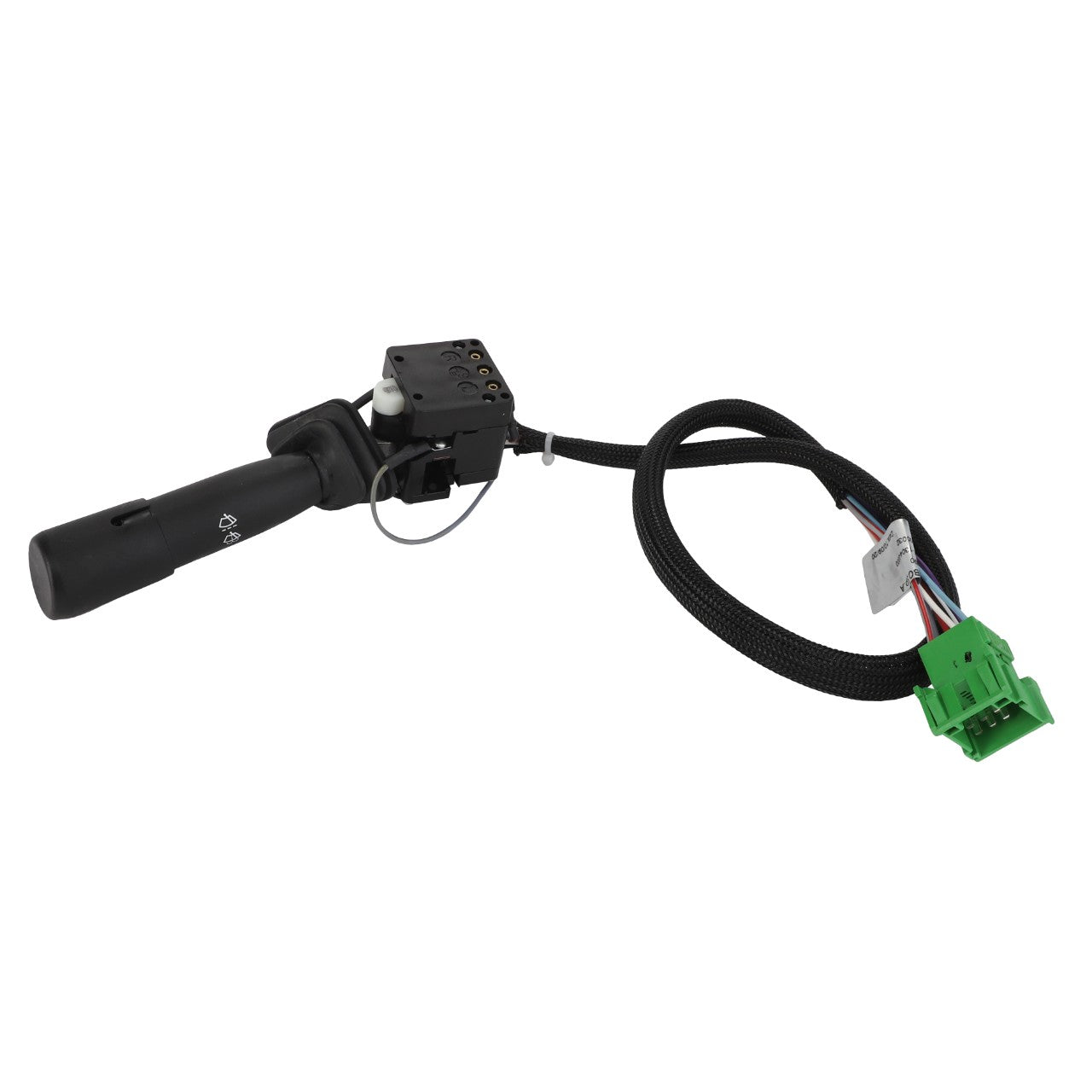 The AGCO | Combi Switch - Acw195977A from AGCO is an automotive turn signal switch with a black lever, connected to a circuit board, and terminating in a green plug with multiple wires, suitable for use in Massey Ferguson machinery.