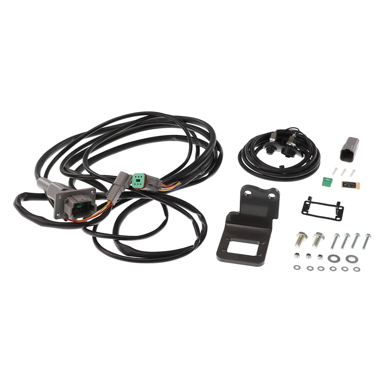 AGCO's accessory kit, model AL60007847, includes a wiring harness with various cables, connectors, and a black mounting bracket. It is meticulously packaged alongside screws, washers, and small electrical components against a pristine white background.