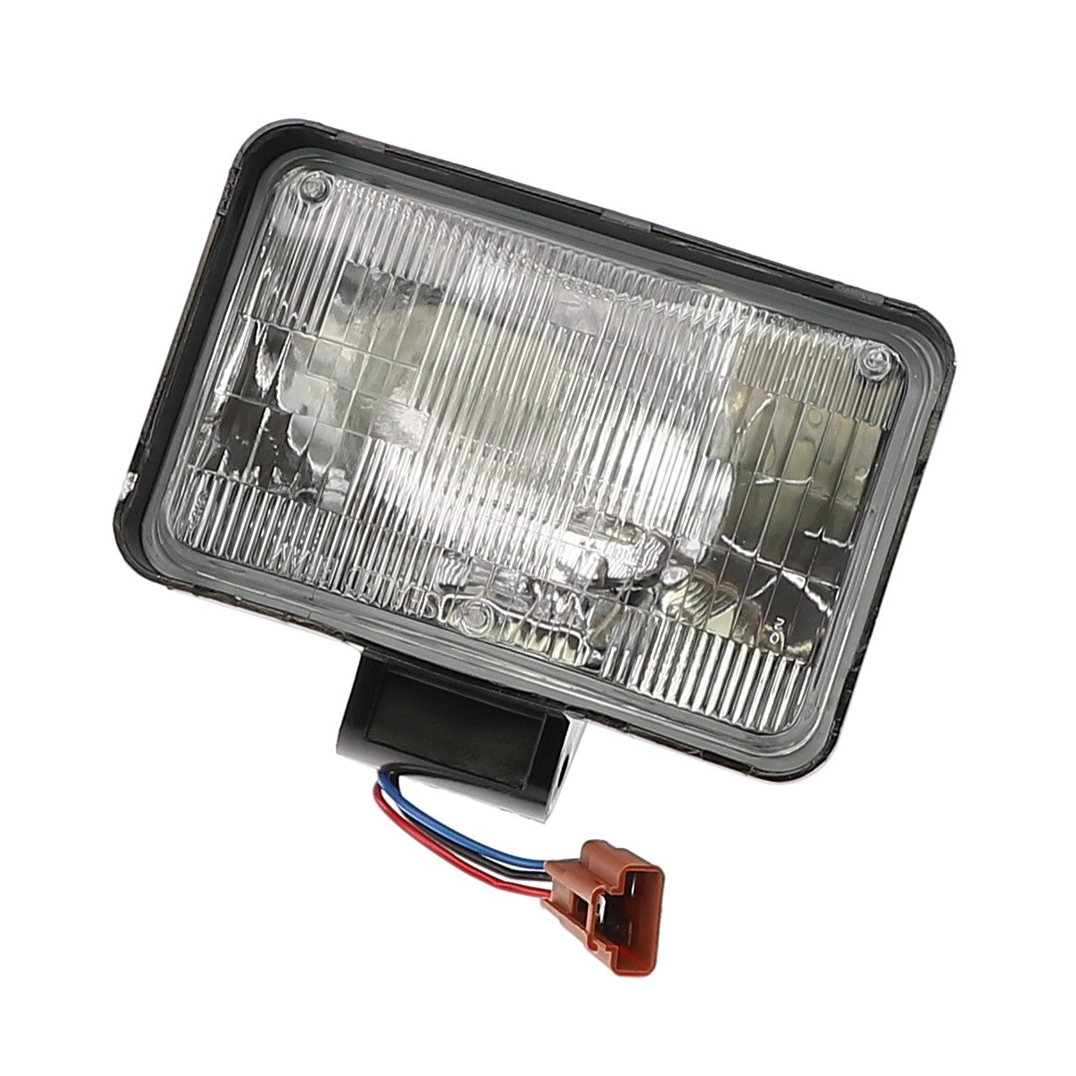 Introducing the AGCO | HEAD LIGHT - ACP0523400: a rectangular automotive headlight featuring a clear lens, black housing, and electric wiring with a brown connector. If you have any product questions, please contact our support team for assistance.