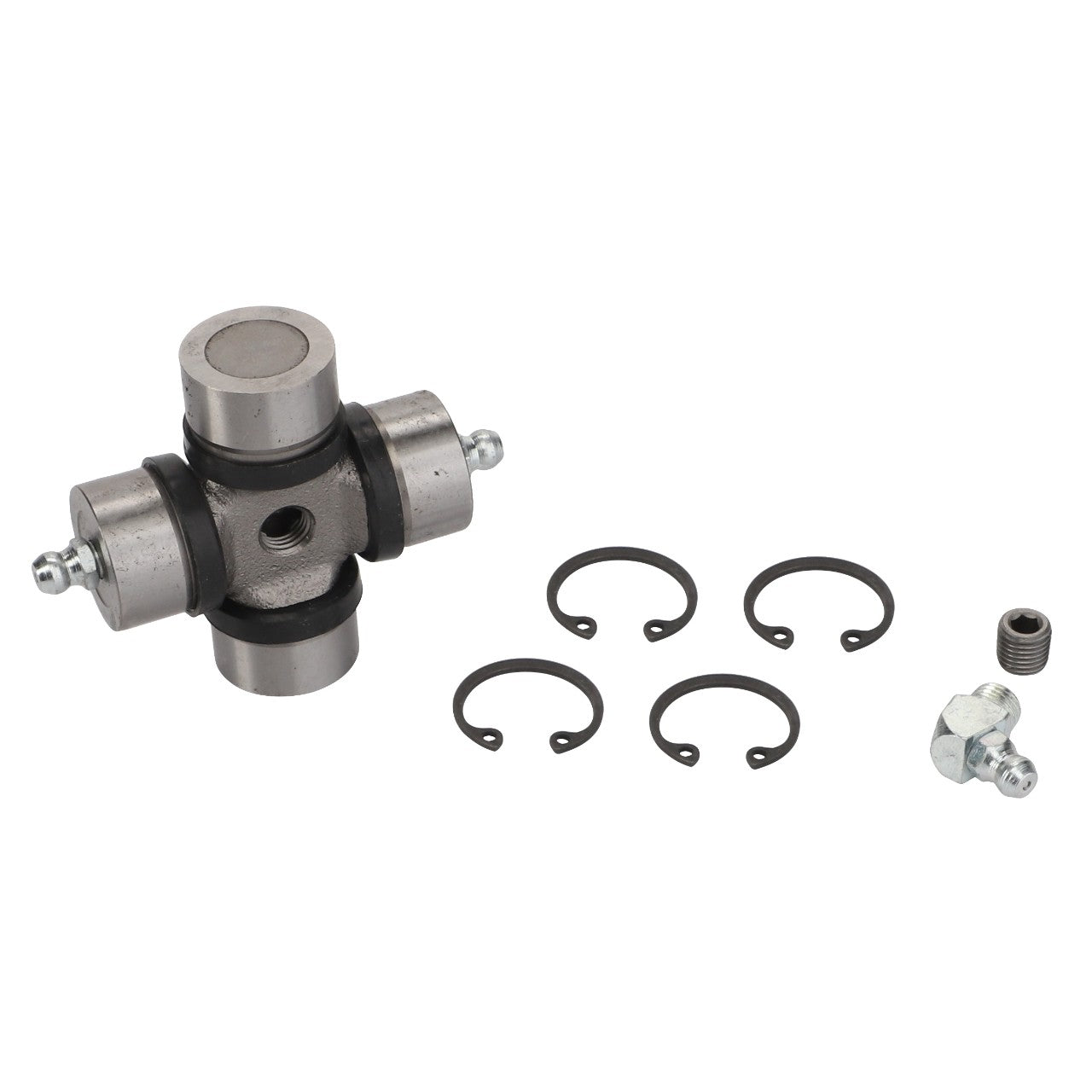 The AGCO | Spider - Fel103103 universal joint kit includes a cross-shaped metal joint, four circular retaining clips, a small bolt, a grease zerk fitting, and a small metal plug. It is displayed against a white background. No current product description is available.