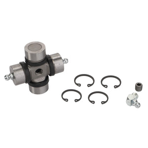 The AGCO | Spider - Fel103103 universal joint kit includes a cross-shaped metal joint, four circular retaining clips, a small bolt, a grease zerk fitting, and a small metal plug. It is displayed against a white background. No current product description is available.