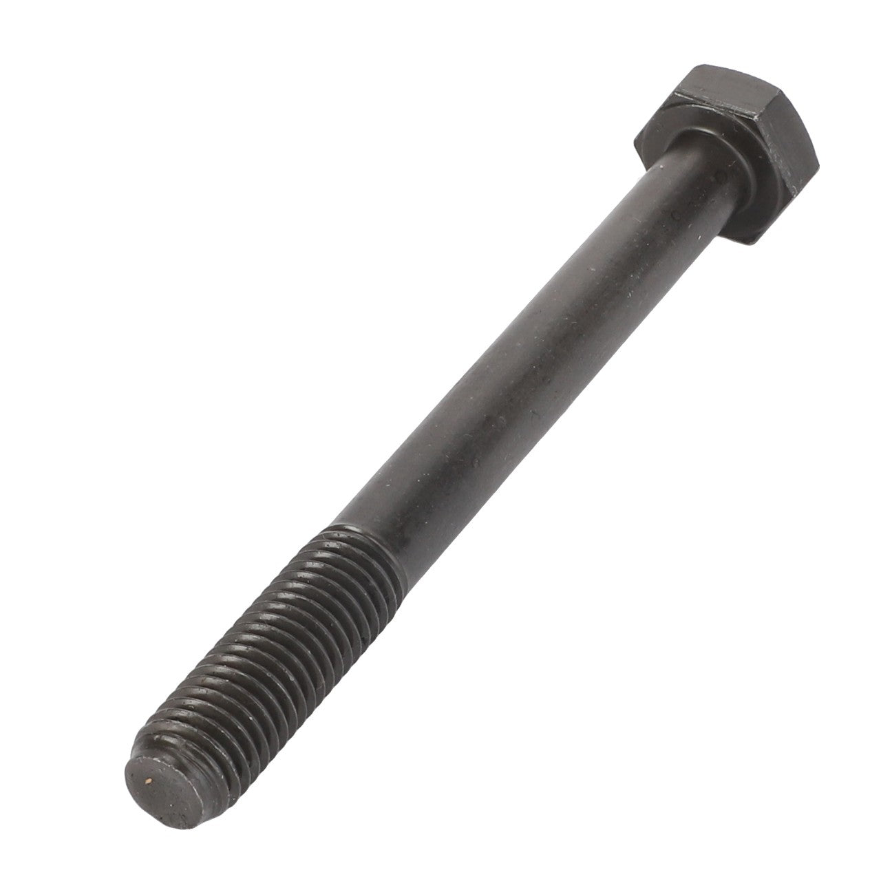 An AGCO hexagonal head bolt (model: F395200210050) with a finely threaded end in black.