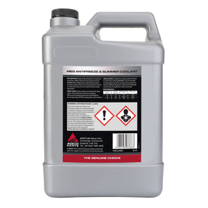 A gray, 5-liter container of AGCO Parts Universal Meg Anti-Freeze (Vacc3401) offers engine protection and features hazard symbols for toxicity and environmental danger on the label.