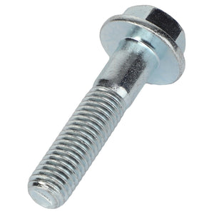 The AGCO SCREW - AL5005999 is a silver metal hex bolt featuring threads along the majority of its length and a smooth, washer-like flange below the hex head.