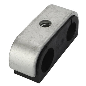 The AGCO Double Flange - Acw3885100 is a robust gray metal and black rubber clamp featuring a central hole, meticulously designed for securely holding cables or pipes in place. This essential tool from AGCO combines form and function to meet any securing need.