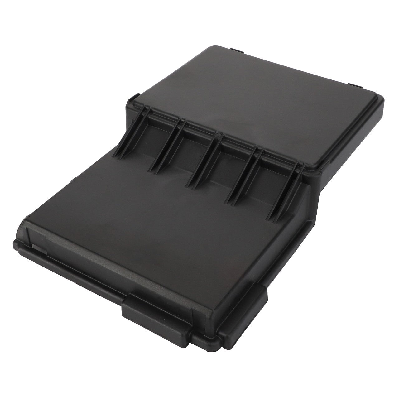 The AGCO Cover - Acw0316100 by AGCO is a sleek black plastic cover with a flat surface adorned with multiple grooves, combining functionality and style.