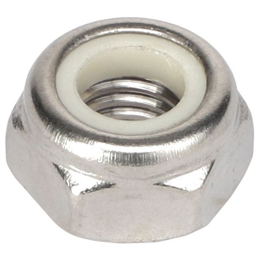 Close-up of the AGCO HEX LOCKNUT - AG520875, a hexagonal metal locknut with a nylon insert, designed to prevent loosening.