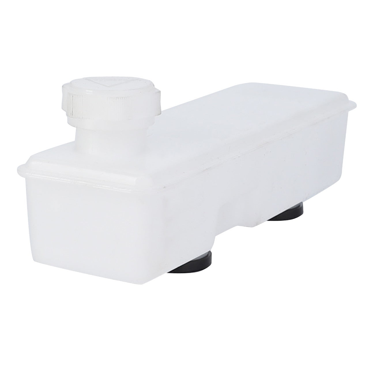 A translucent rectangular plastic container with a screw-on lid and two black bases at the bottom, perfect for storing small parts or tools for your Massey Ferguson MF 698 tractor, is available as the AGCO | Tank - 1683495M91 by AGCO.