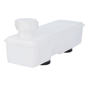 A translucent rectangular plastic container with a screw-on lid and two black bases at the bottom, perfect for storing small parts or tools for your Massey Ferguson MF 698 tractor, is available as the AGCO | Tank - 1683495M91 by AGCO.