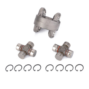 AGCO | Kit Body - Acp0316270 for AGCO tractors, includes two cross and bearing assemblies, one coupling yoke, and eight retaining clips arranged on a white background. This Genuine AGCO Parts repair kit ensures reliable performance and seamless integration.