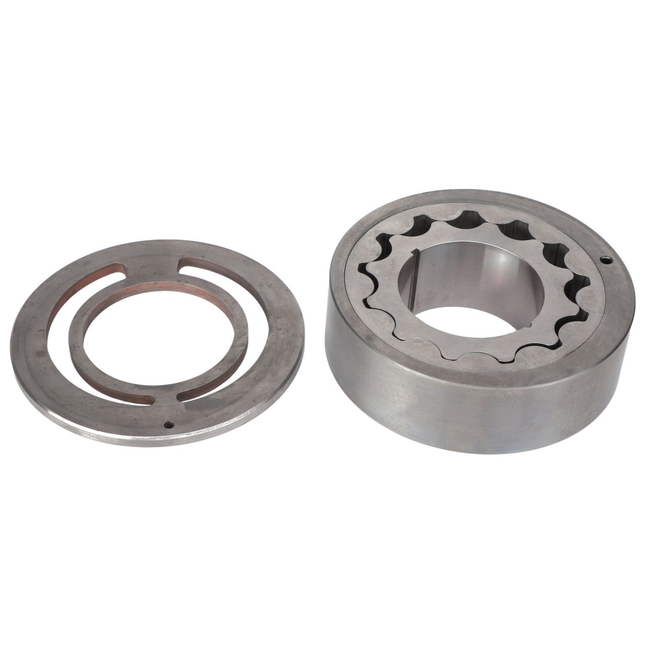 The AGCO | COUPLING - AG137549 is a metal mechanical component from the brand AGCO, featuring a circular outer ring with internal gear teeth and an accompanying separate flat, circular disc with cut-out sections. No current product description information is available at this time.