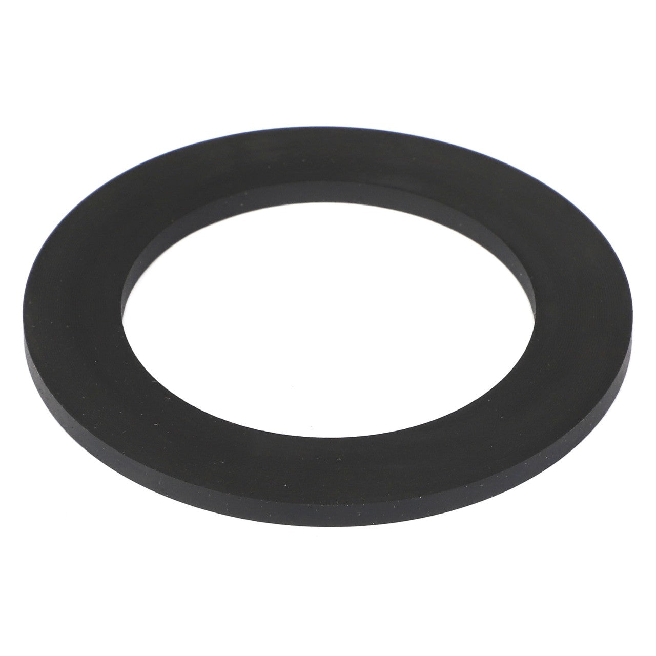 A circular black rubber gasket with an inner hole, designed to ensure a tight seal, known as the AGCO FLAT WASHER - AG610722 from the brand AGCO.