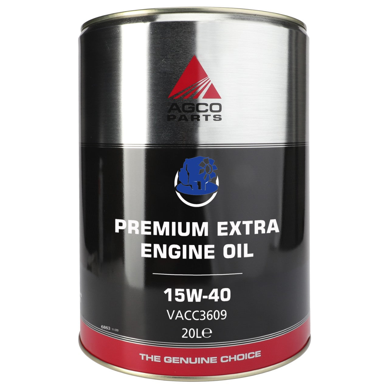 A 20-liter canister of AGCO Parts Premium Extra Engine Oil, 15W-40, model Vacc3609, bears the AGCO logo alongside a blue engine graphic and the tagline 'The Genuine Choice.' This product is ideal for heavy-duty diesel engines.