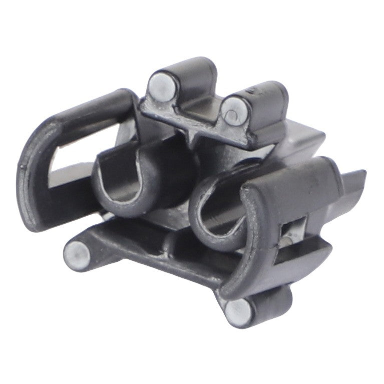 Close-up of the AGCO WIRE LOCK (AG520752), a black plastic fastener clip featuring two parallel slots and protruding side tabs, designed for secure attachment.