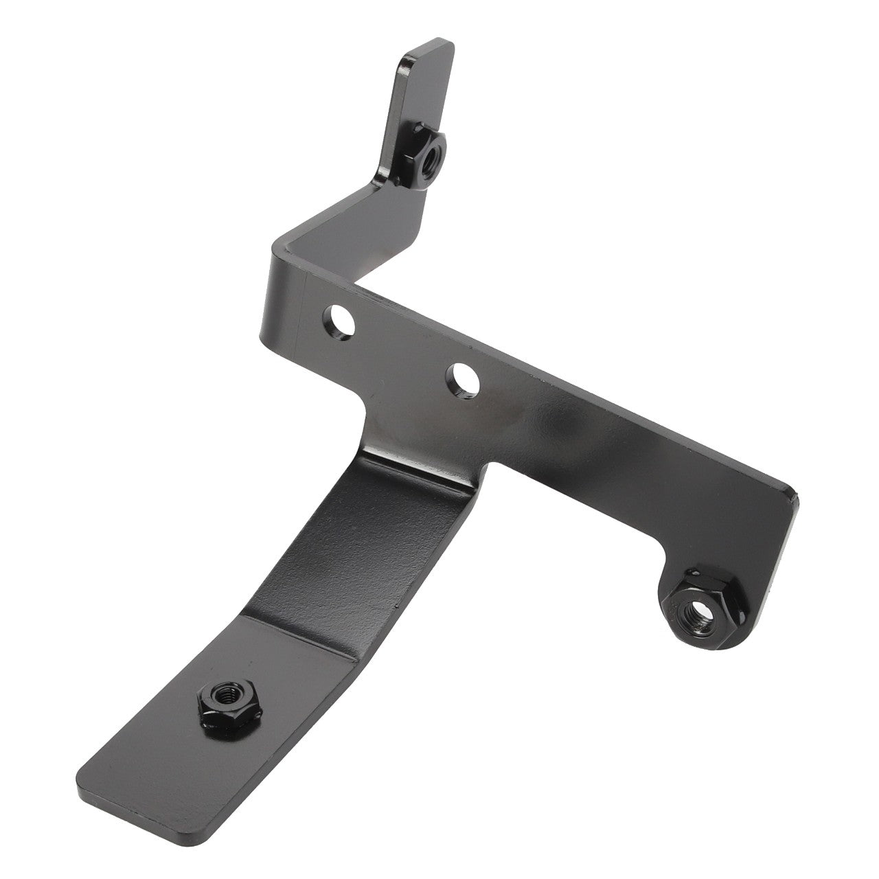 The AGCO Bracket - Acw7598170 by AGCO is a black metal bracket featuring three mounting holes and two attachment points. Although there is no current product description information available, this bracket has a bent shape with a flat end and an elevated end, offering versatile mounting options.