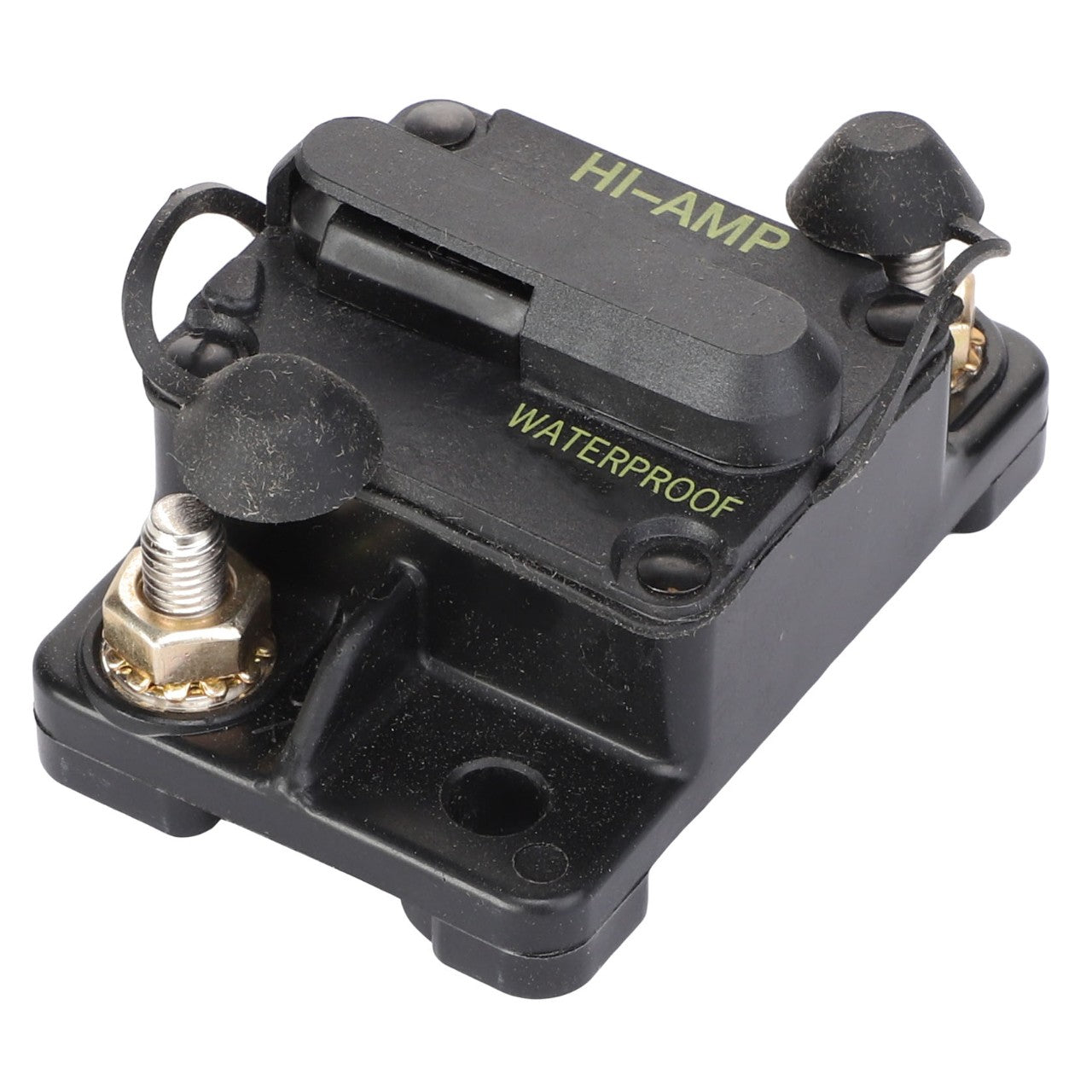 Close-up of an AGCO Hi-Amp circuit breaker (AG610606) in black, featuring waterproof construction and two terminal connections for secure and reliable performance.