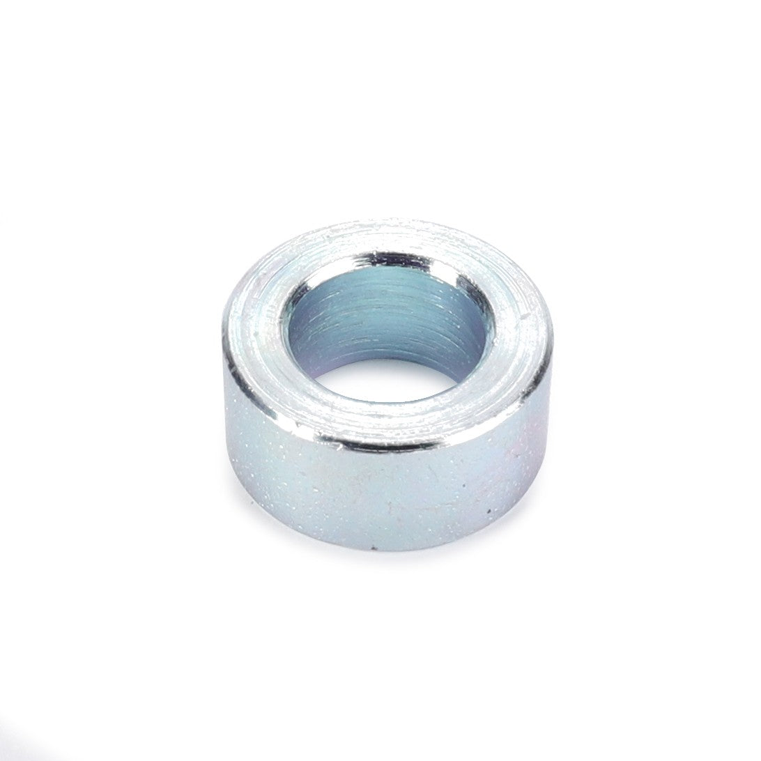 The AGCO Bushing - 199870031030, a metallic cylindrical spacer washer with a central hole, shown on a white background, is designed for use in Fendt models and is compatible with plain bearings.