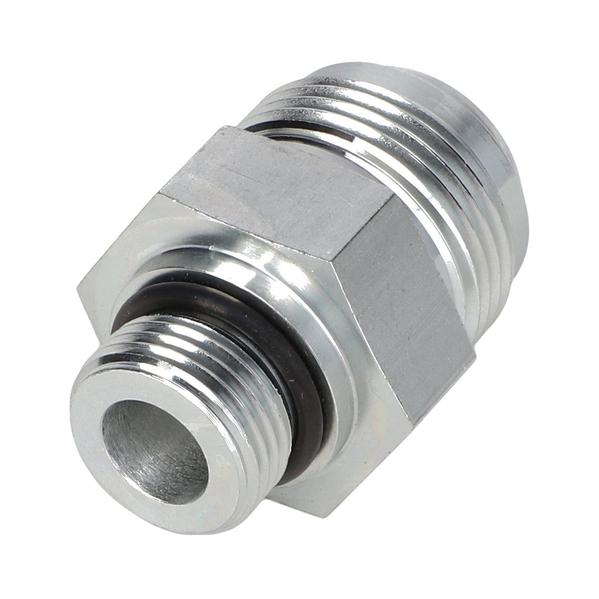 Close-up of the AGCO ADAPTER - AG703871, a metal hydraulic fitting connector featuring threaded ends and a black rubber O-ring. No current product description information is available.