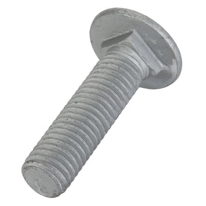 Close-up of a sleek AGCO Round Head Square Neck Carriage Bolt - Acw1059470, featuring a silver metal finish with a round, flat head and threaded shaft, positioned diagonally against a plain white background.