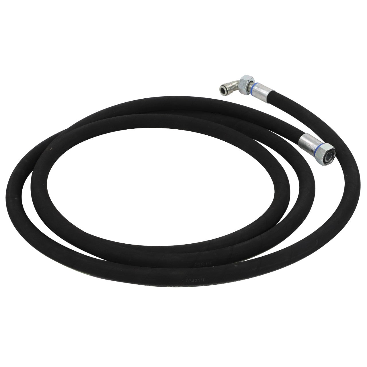 A coiled black hydraulic hose, AGCO model D45130156, featuring sturdy metal fittings at both ends.