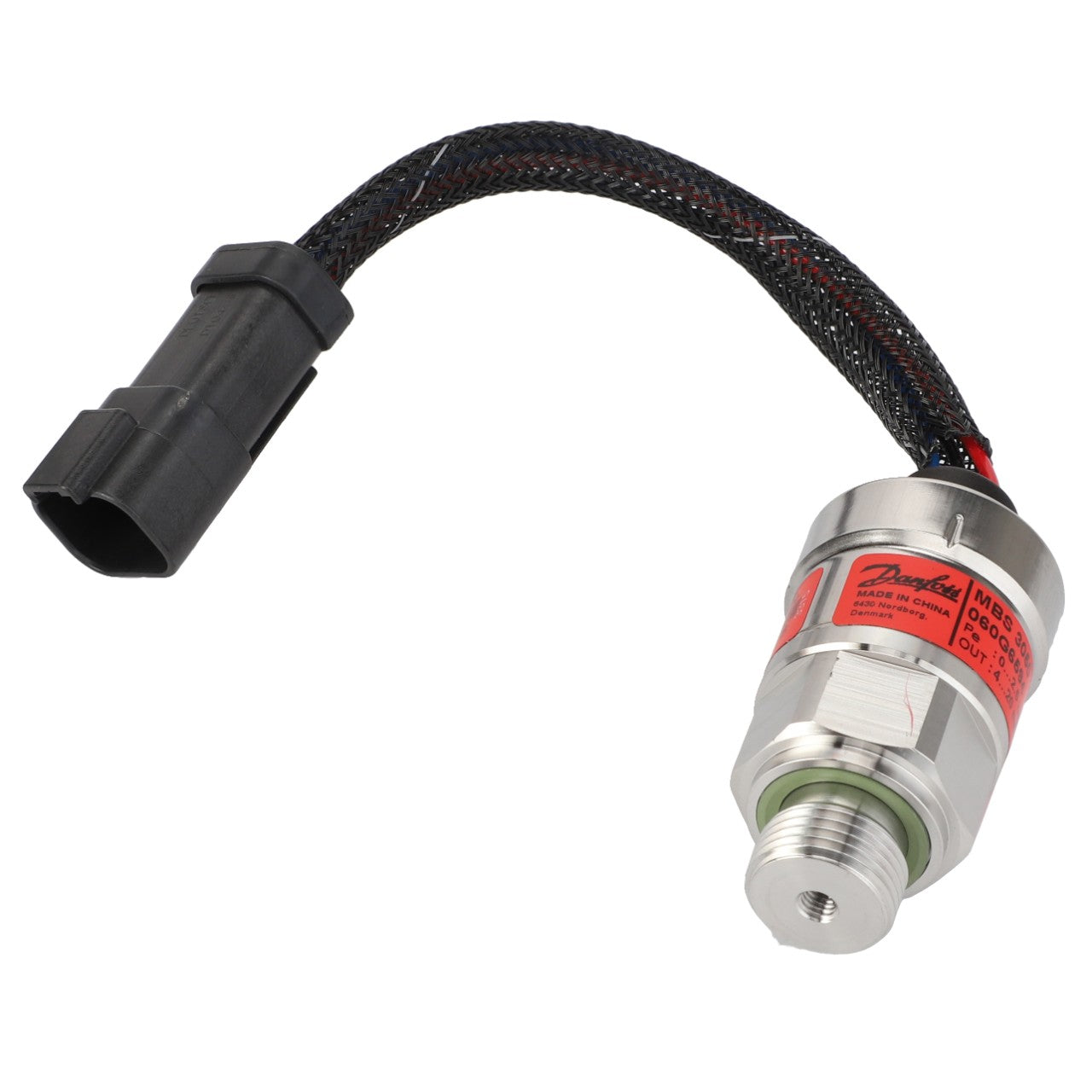 The AGCO Transducer, Engine Harness - Acw1881190 is a metal pressure sensor featuring a black braided wire and a plastic connector. The sensor has a red label indicating its specifications. Currently, no additional product description information is available.