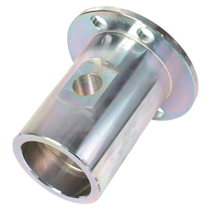 The AGCO Spindle Bush - Acx2760840 is a metal cylindrical part with a flanged end featuring four bolt holes and a central threaded hole on the side.