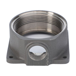 The AGCO Fuel Filter Head Housing - 725860060030 is a metal threaded flange with a cylindrical opening, two smaller side openings, and a flat base featuring four mounting holes, specifically designed for use in fuel filtration systems.