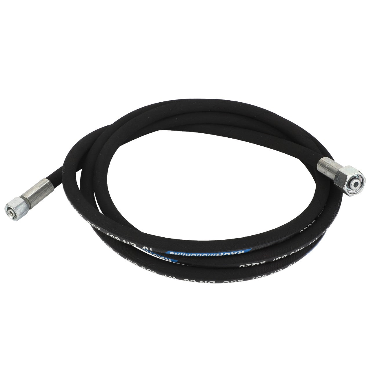 The AGCO Hydraulic Hose - Fel151033 is a coiled black hydraulic hose featuring metal connectors on both ends. No current product description available.